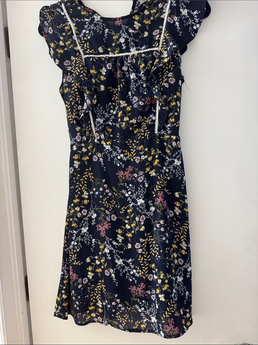 Monteau Navy Floral Midi Dress with Lace Detailing